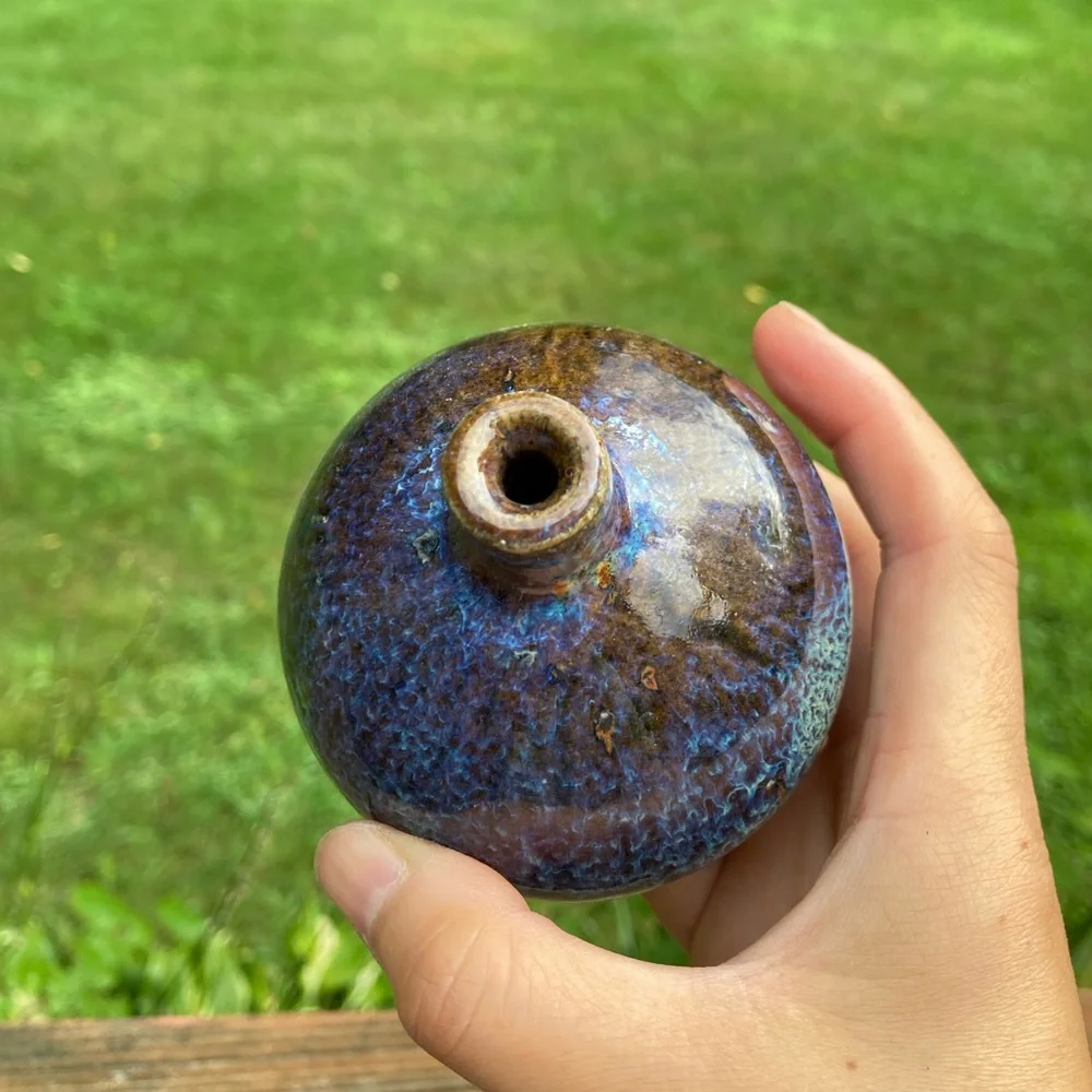 Vintage Brown and Blue Glazed Round Bud Vase - Picture 12 of 13